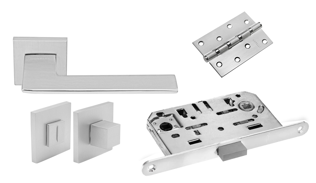 Комплект дверных ручек MH-51-S6 SC + сантехническая завертка MH-WC-S6 SC + защёлка бесшумная M1895 SC + петли врезные универсальные MSN 100X70X2.5-4BB SC (2шт)