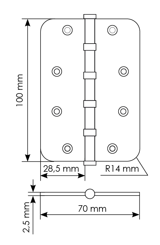 Петля стальная MSN-C 100X70X2.5-4BB SN скругленная универсальная с подшипником, вес полотна до 40 кг, цвет белый никель фото купить в Липецке